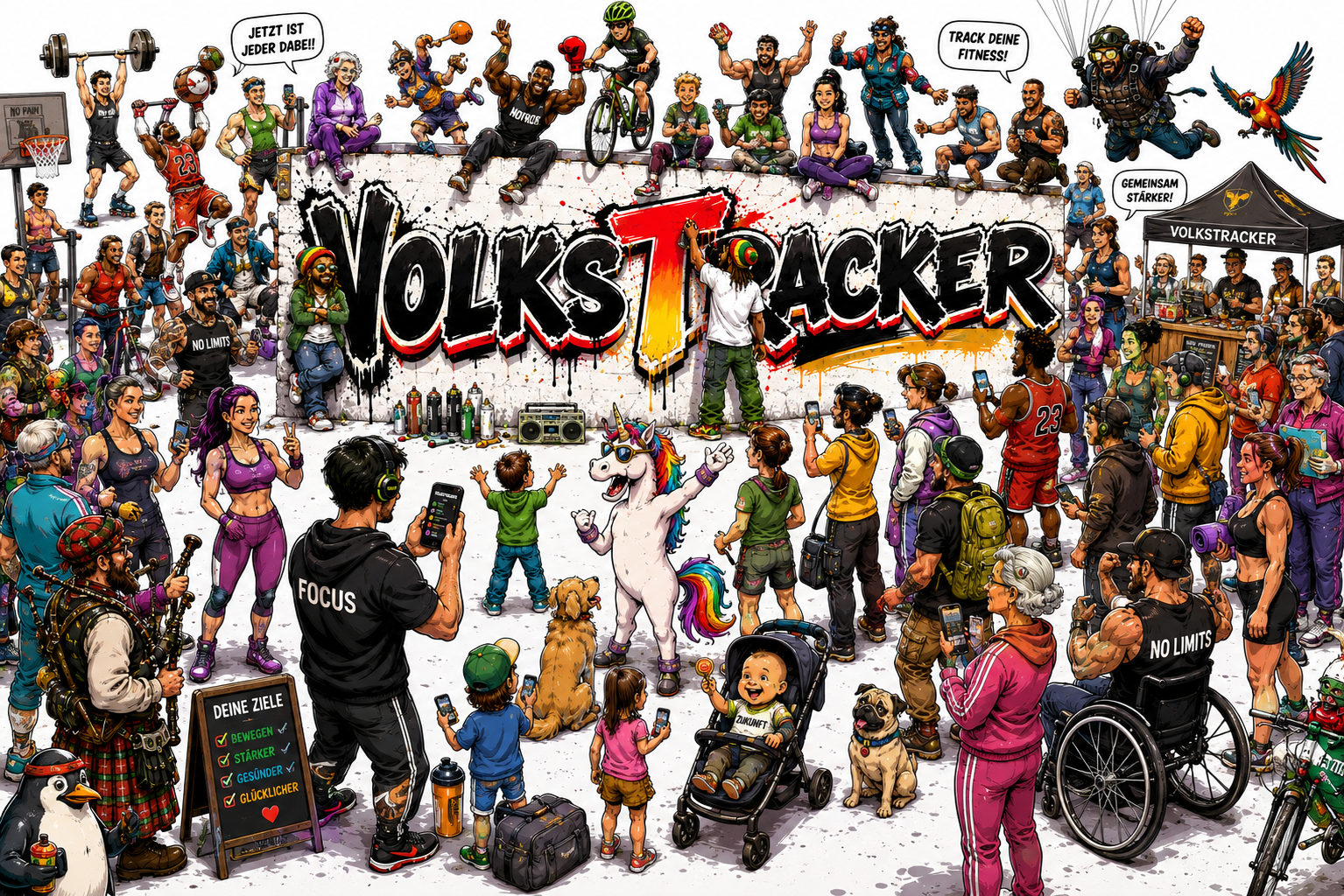 VolksTracker Graffiti Community Collage mit Sport, Alltag, Familie und Volksgesundheit